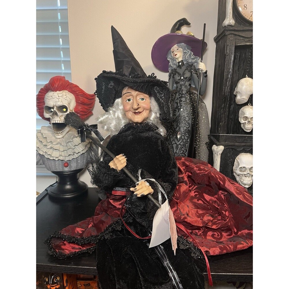 Bella Lux Halloween Witch Holding Broom Burgundy Black Dress Shelf Sitter Doll